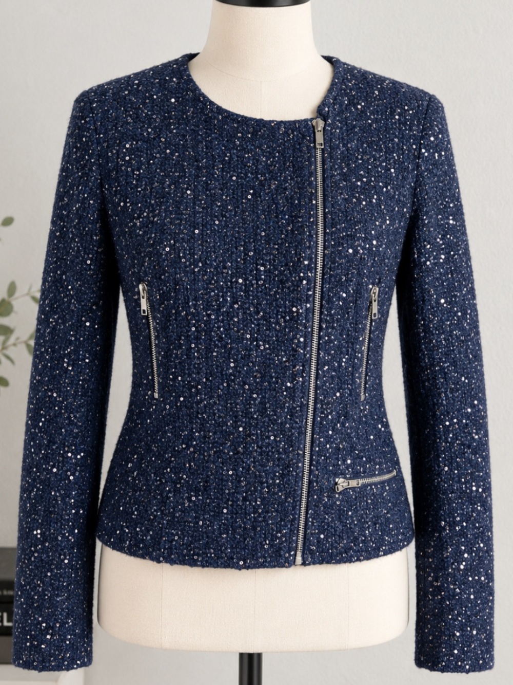Maje Sparkle Women's Navy Sparkle Knit Zip Jacket Size 2/M